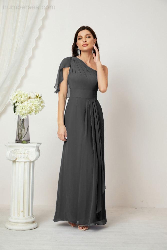Numbersea  Chiffon Ruffled One Shoulder Long Bridesmaid Dresses A-line Formal Evening Gown Side Split 2809