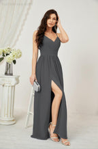 Baoleely  Neck Bridesmaid Dresses Chiffon Long Spaghetti A-line Formal Prom Gown for Wedding Party Evening 2801