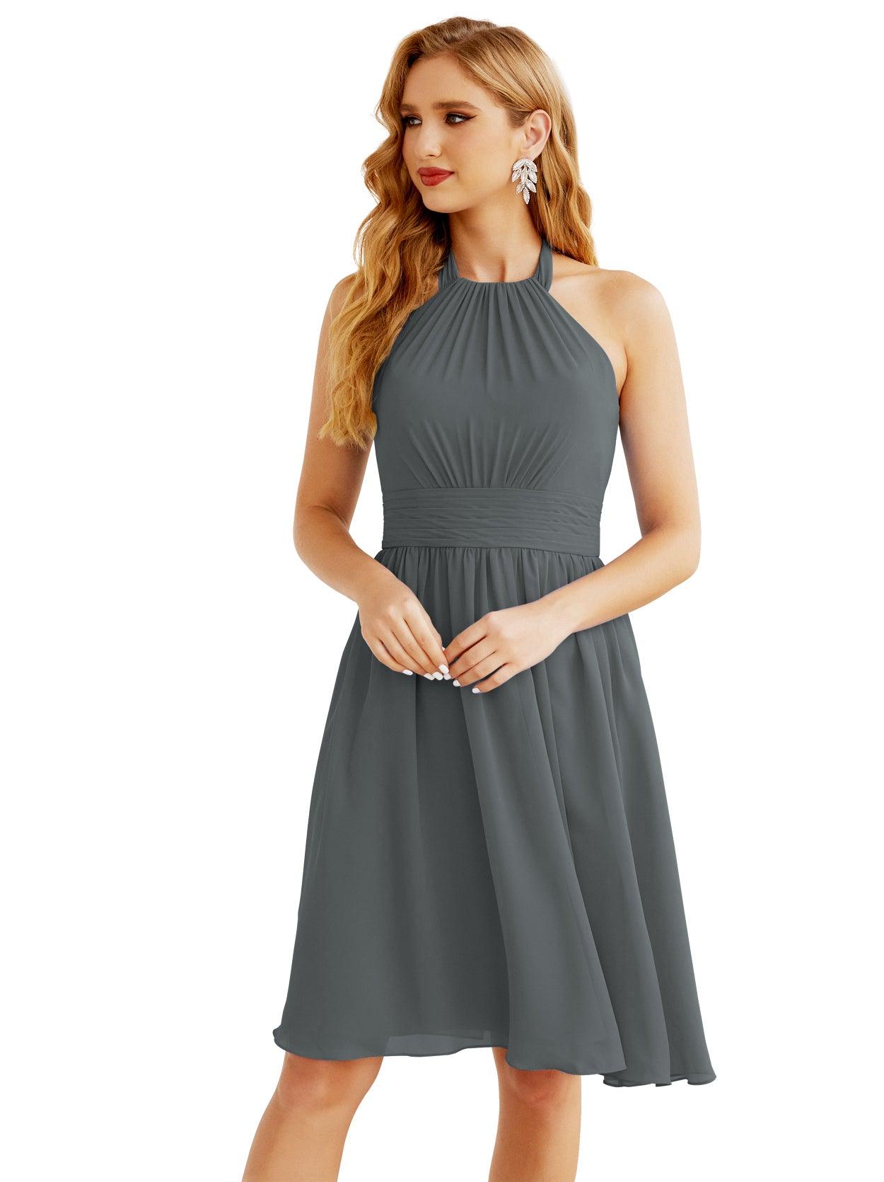 Baoleely Halter Chiffon Bridesmaid Dresses Short Sleeveless Formal Party Dress Open Back 28023