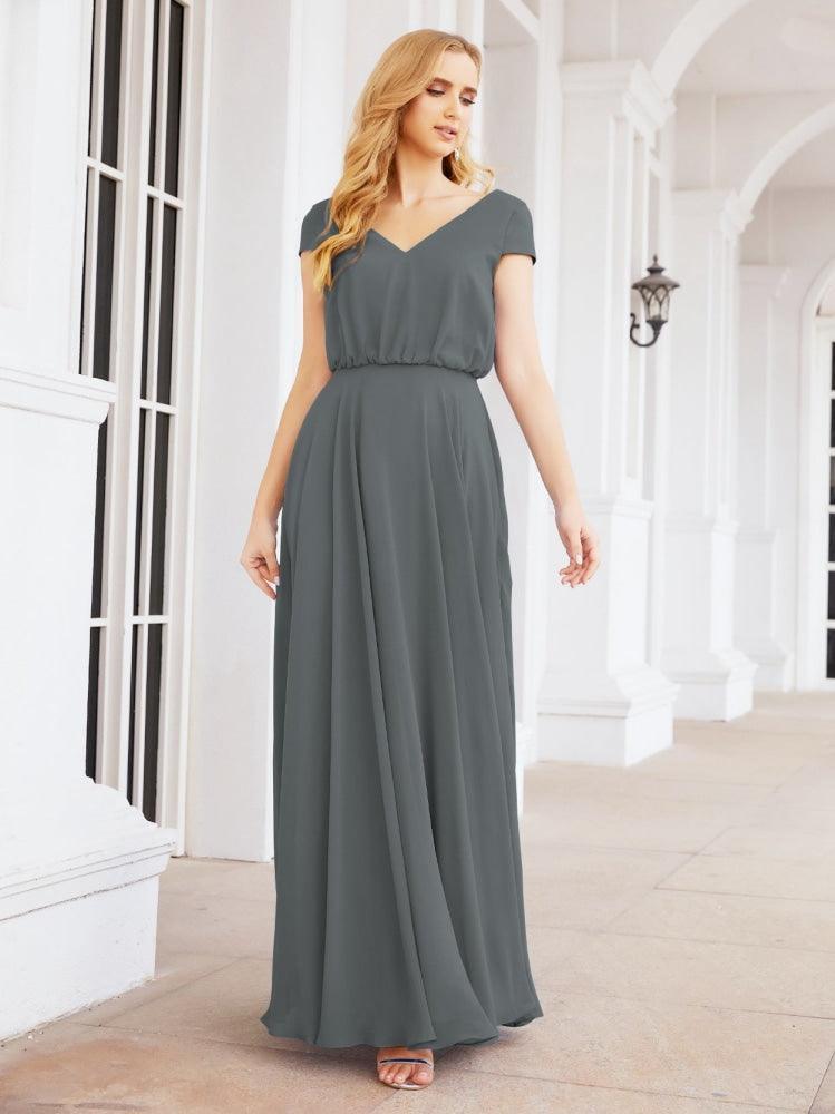 Numbersea V-Neck Bridesmaid Dresses Long Cap Sleeves Prom Evening Formal Gowns 28071