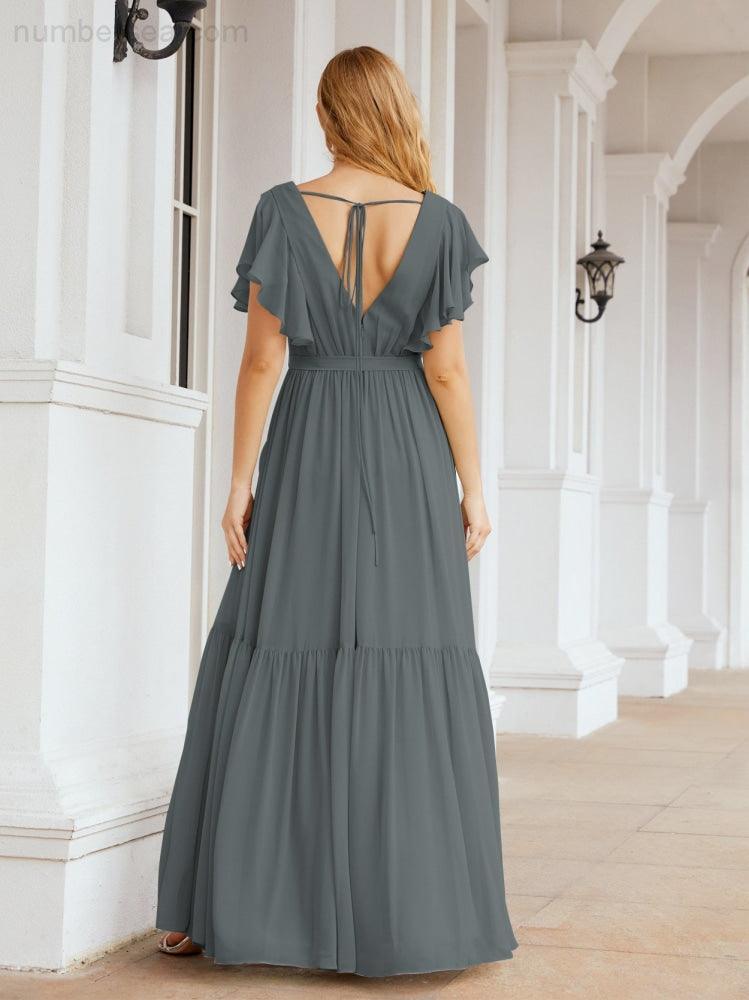 Numbersea Women's Open Back Formal Evening Party Prom Gowns V-Neck Long Chiffon Bridesmaid Dresses with Waist Belt 28038