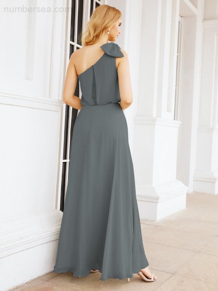 Numbersea Chiffon Ruffled One Shoulder Sleeveless Long Bride Dresses A-line Formal Evening Gown Side Split 28057