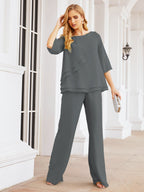 Sunnderly Elegant 2 Piece Mother of The Bride Dress Plus Size Pant Suits Ruffle Layers Sliver Housecoat SY28064