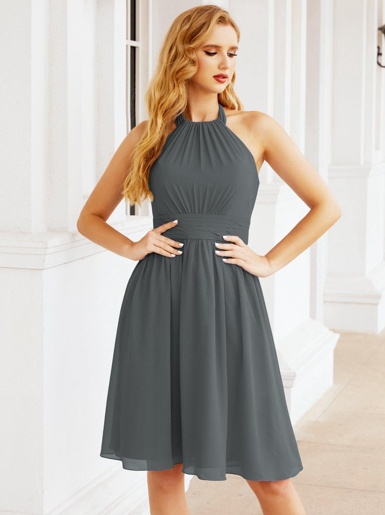 Baoleely Halter Chiffon Bridesmaid Dresses Short Sleeveless Formal Party Dress Open Back 28023