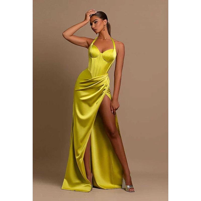 Sweetheart Halter Ruched Long Prom Evening Dress With Thigh Slit