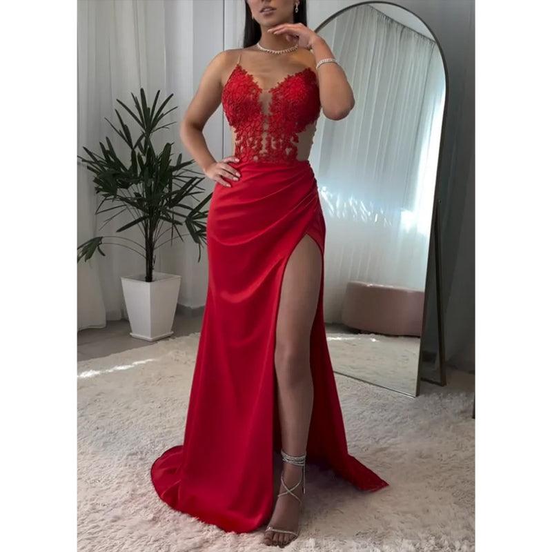 V-neck Spaghetti Straps Appliques with Side Slit Party Prom Evening Dress