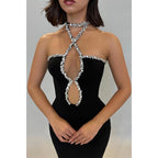 Plunging Unique Halter Beaded Black Long Prom Dress Evening Gowns
