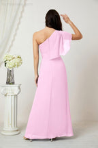 Numbersea  Chiffon Ruffled One Shoulder Long Bridesmaid Dresses A-line Formal Evening Gown Side Split 2809