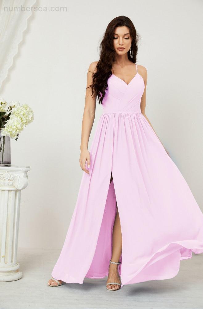 Baoleely  Neck Bridesmaid Dresses Chiffon Long Spaghetti A-line Formal Prom Gown for Wedding Party Evening 2801