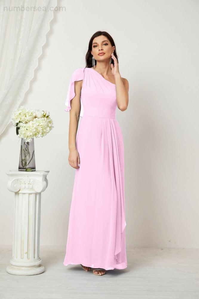 Numbersea  Chiffon Ruffled One Shoulder Long Bridesmaid Dresses A-line Formal Evening Gown Side Split 2809