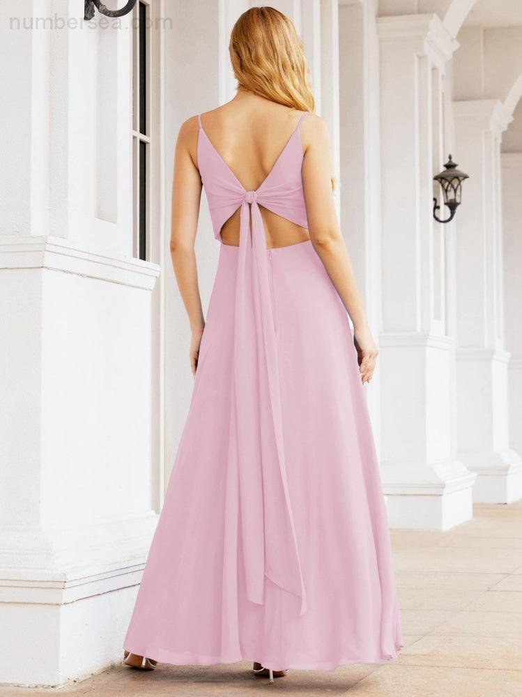 Numbersea Spaghetti Strap Bridesmaid Dresses V Neck Butterfly Back Fromal Evening Party Prom Gown 28036