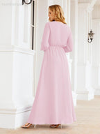 Numbersea Women's Chiffon Bridesmaid Dress A line Long Sleeves Formal Evening Prom Gown for Wedding Guest 28032