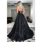 Plunging V-neck Black Lace A-line Prom Dress Glitter