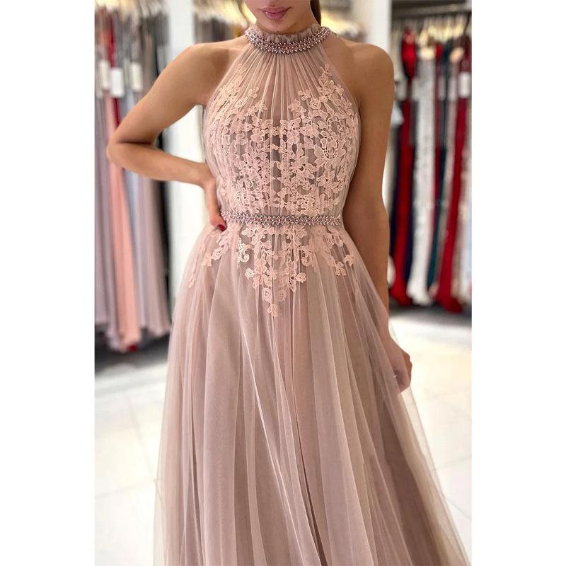 Unique High Neckline Lace Appliques Elegant Tulle Formal Evening Dress