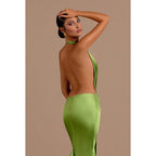 Sexy Halter Low V Neck Ruched Satin Mermaid Long Evening Dress