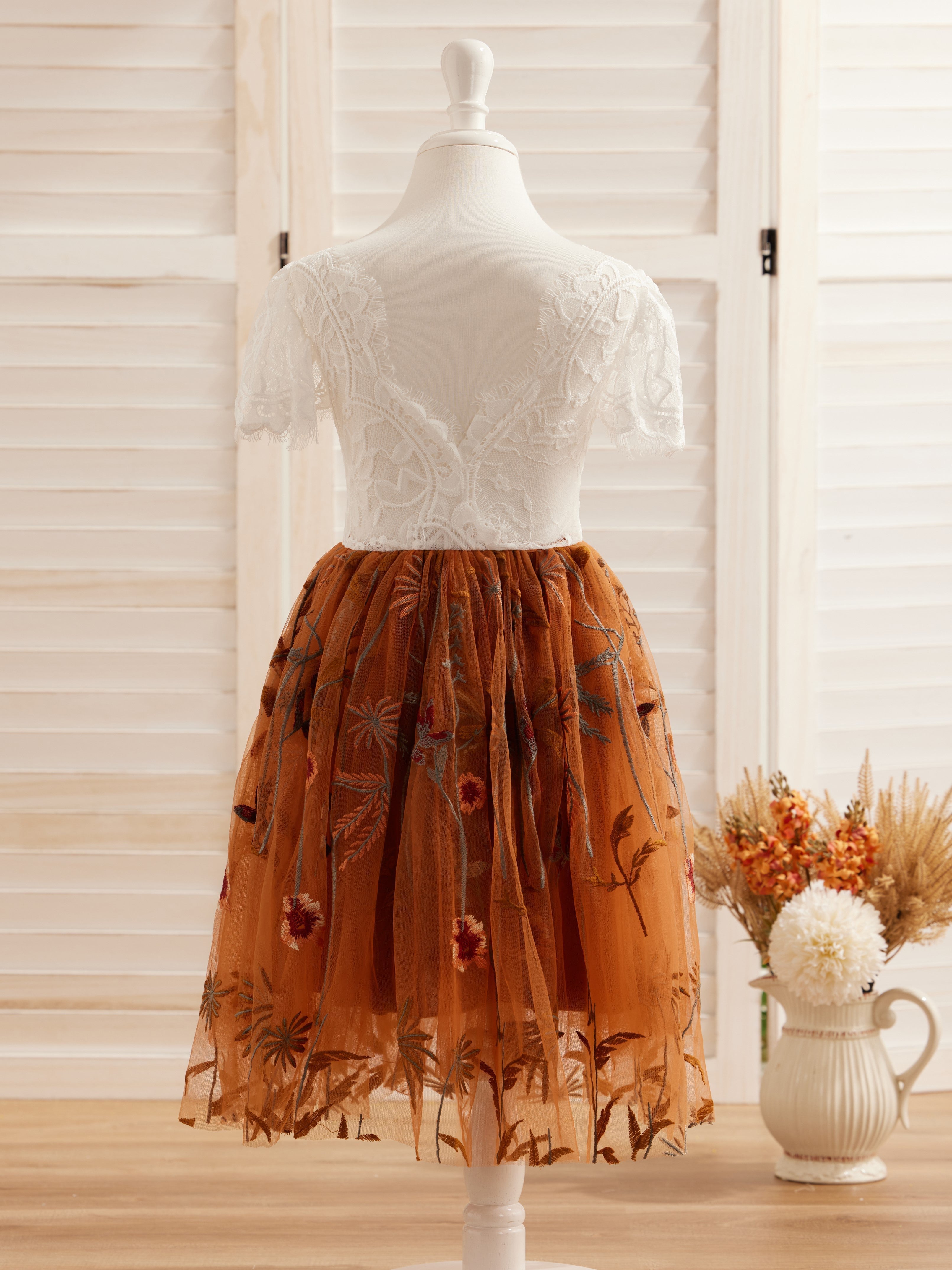 Burnt Orange White Lace Tulle Embroidered Knee Length Flower Girl Dress