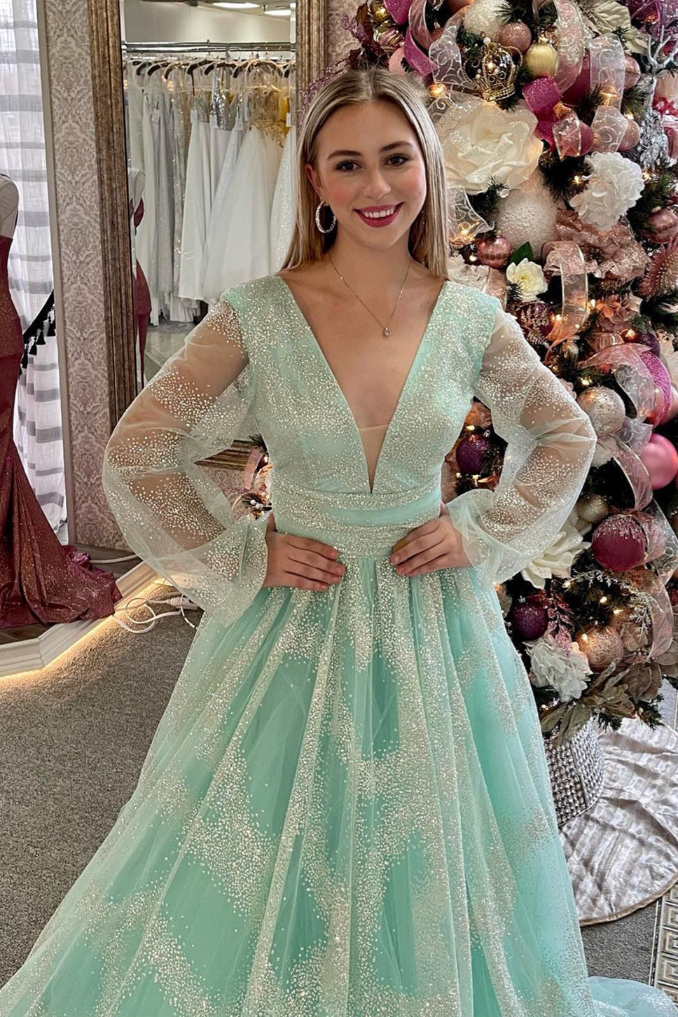 Plunging V Neck Illusion Sleeves Beaded Long Prom Dress