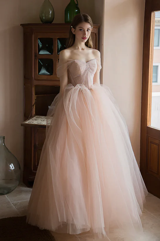 Off Shoulder Pink Tulle Long Formal Dress A-line Princess Prom Dress Evening Dress