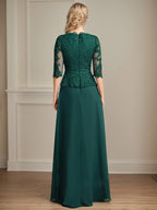 A-line V-Neck Floor-Length Lace Chiffon Mother of the Bride Dress With Cascading Ruffles Sequins