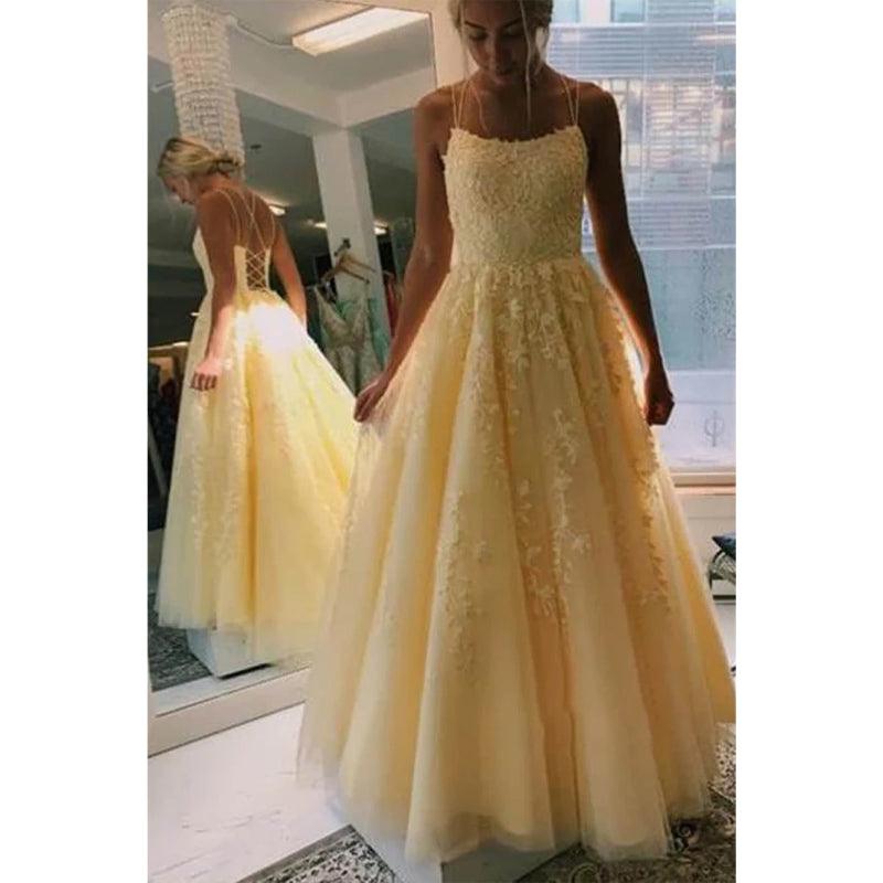 Red Tulle Appliques Spaghetti Straps A-line Long Prom Dress Lace-up