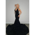 V-Neck Halter Backless Sequins Mermaid Long Prom Evening Dress With Sweep Train