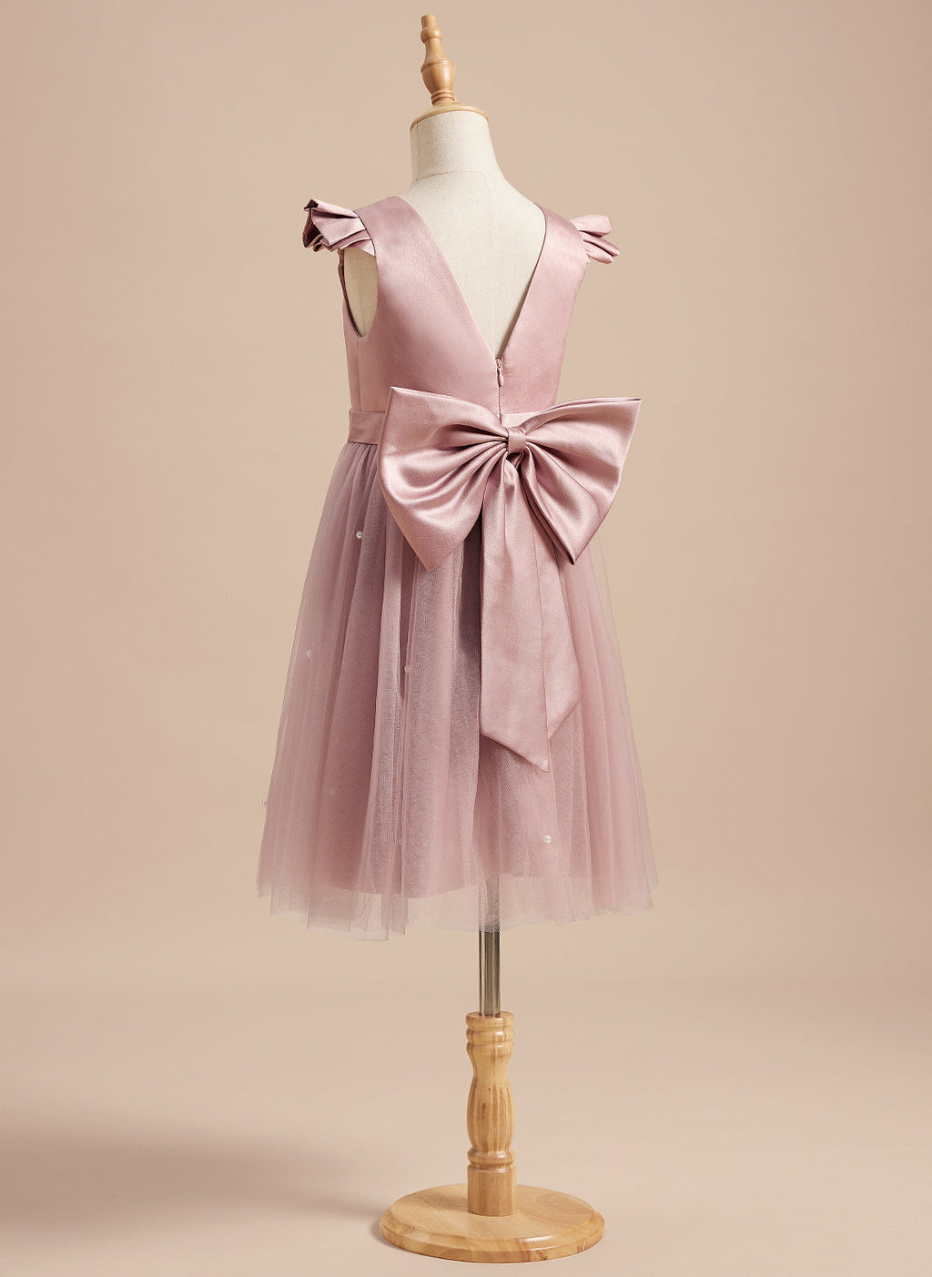 A-line Satin Tulle Knee-length Dusty Rose Dress (2003227179)