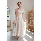 Square Neck Cup Sleeves Print Tulle A-Line Tea Lenght Evening Prom Dress