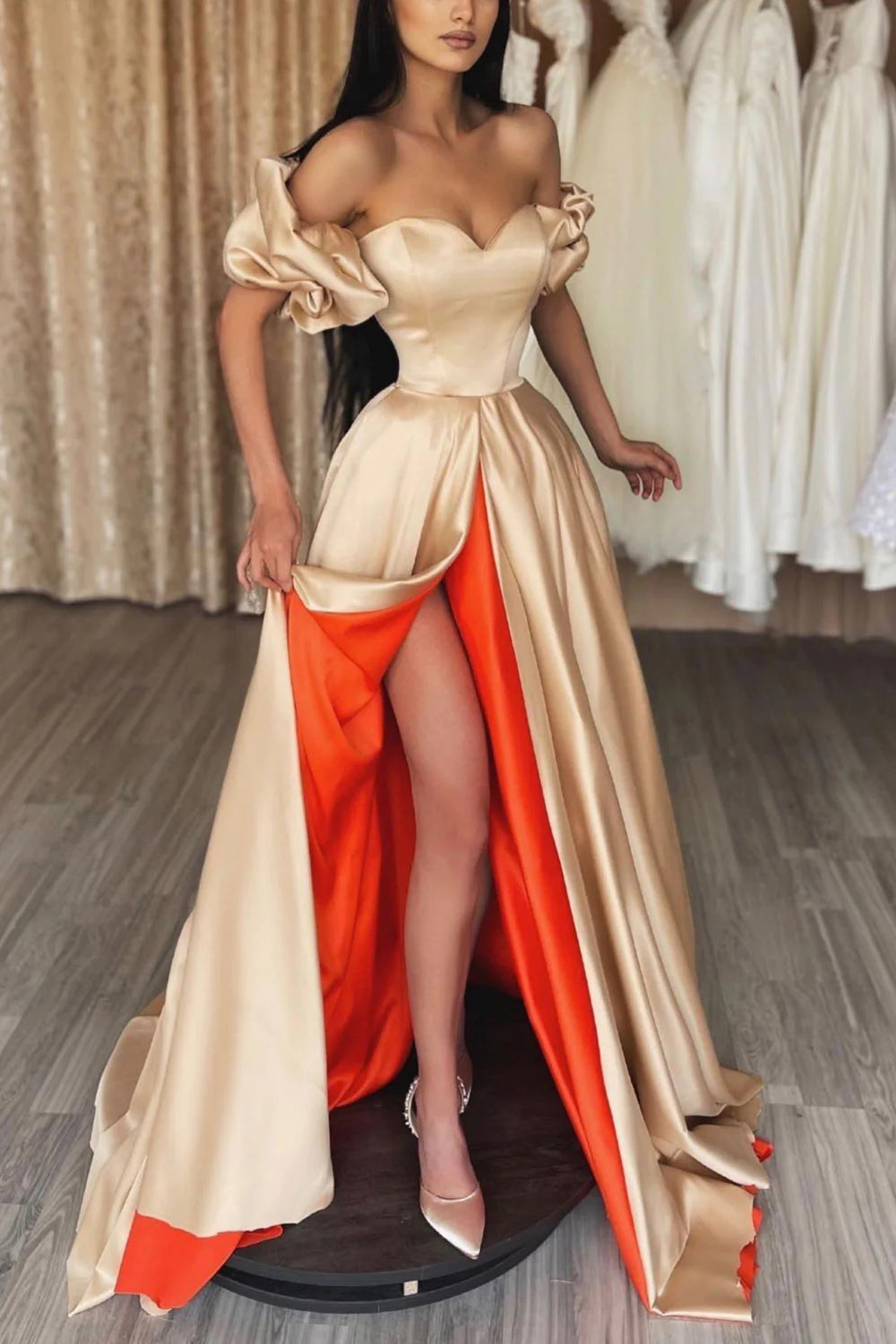 A Line Off the Shoulder Champagne Long Prom Dress with Split Front