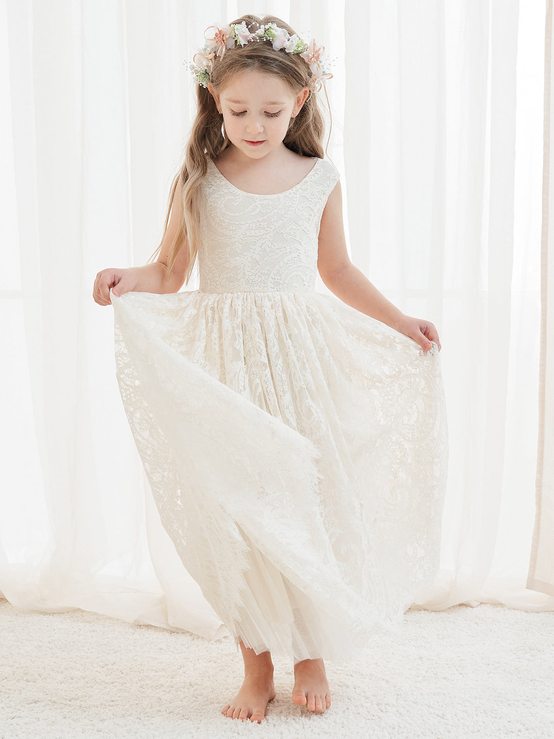 A-line Lace Ankle-length Ivory Boho Flower Girl Dress