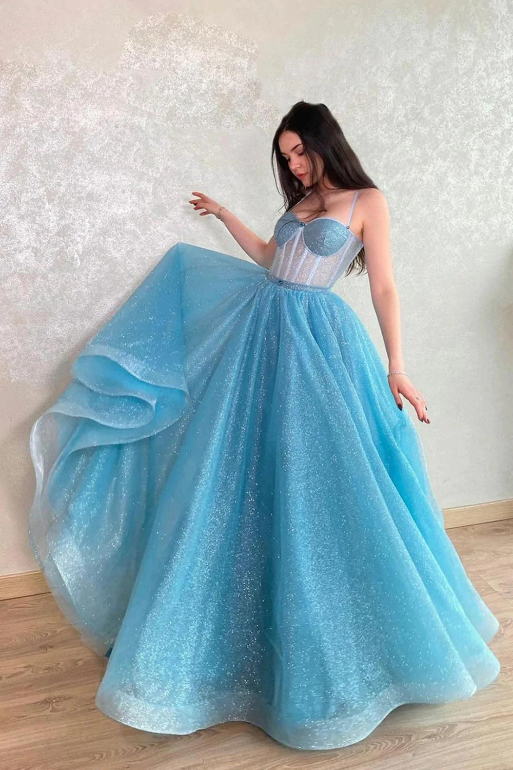 Bling A Line Spaghetti Straps Light Blue Sequns Long Prom Dress