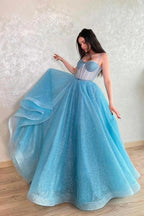 Bling A Line Spaghetti Straps Light Blue Sequns Long Prom Dress