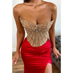 Strapless Fitted Beaded Appliques with Side Slit Party Prom Evening Dress