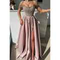 Glamorous & Dramatic Off-Shoulder Cap Sleeves A-line Side Slit Beaded Prom Dress