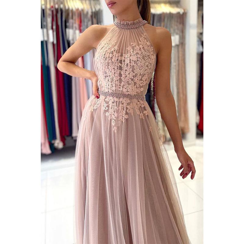 Unique High Neckline Lace Appliques Elegant Tulle Formal Evening Dress