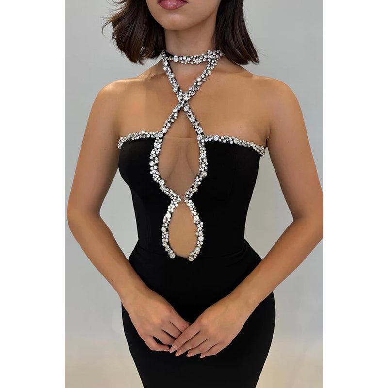 Sexy Rhinestone Halter Sleeveless Evening Party Prom Dress