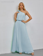 Ruffled One Shoulder Sleeveless Long Bridesmaid Dresses A-line Formal Evening Gown Side Split 28080