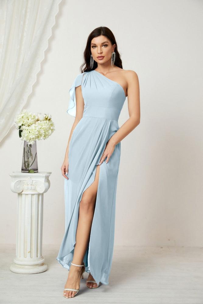 Numbersea  Chiffon Ruffled One Shoulder Long Bridesmaid Dresses A-line Formal Evening Gown Side Split 2809
