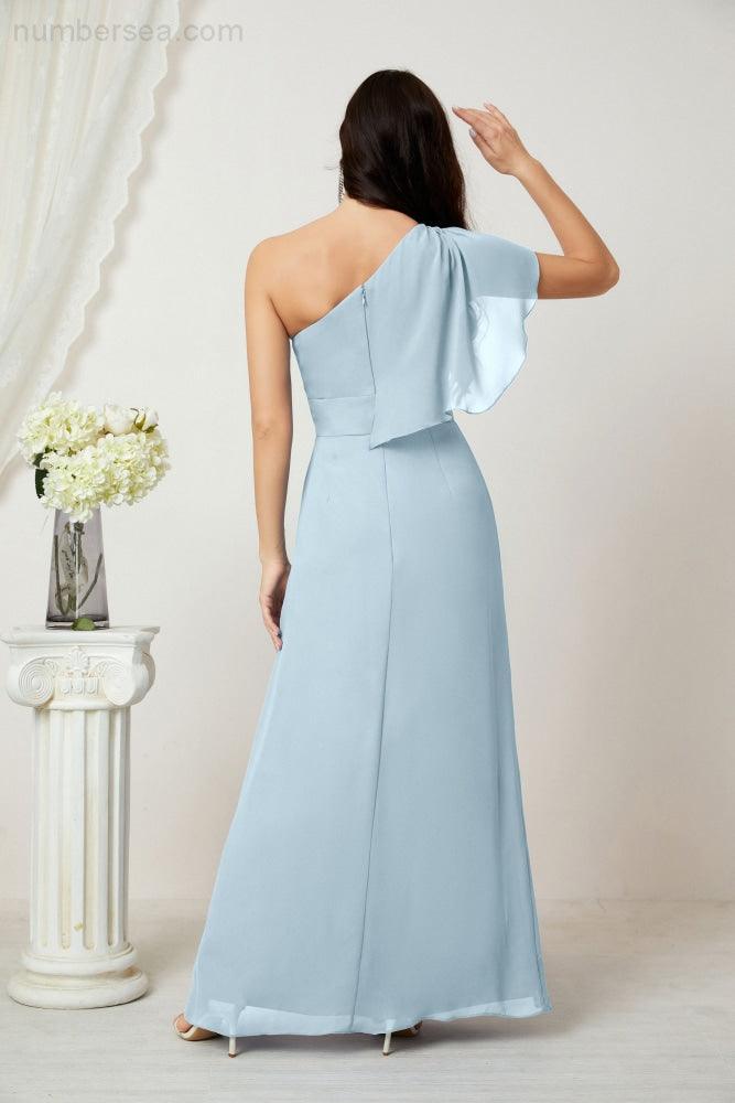 Numbersea  Chiffon Ruffled One Shoulder Long Bridesmaid Dresses A-line Formal Evening Gown Side Split 2809