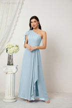 Numbersea  Chiffon Ruffled One Shoulder Long Bridesmaid Dresses A-line Formal Evening Gown Side Split 2809