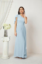 Numbersea  Chiffon Ruffled One Shoulder Long Bridesmaid Dresses A-line Formal Evening Gown Side Split 2809