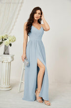 Baoleely  Neck Bridesmaid Dresses Chiffon Long Spaghetti A-line Formal Prom Gown for Wedding Party Evening 2801