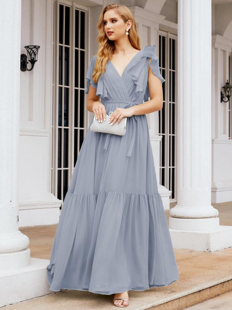 Numbersea Women's Open Back Formal Evening Party Prom Gowns V-Neck Long Chiffon Bridesmaid Dresses with Waist Belt 28038