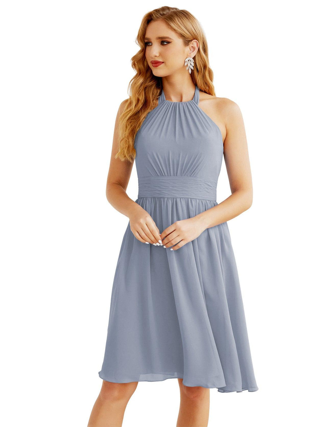 Baoleely Halter Chiffon Bridesmaid Dresses Short Sleeveless Formal Party Dress Open Back 28023