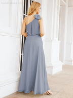 Numbersea Chiffon Ruffled One Shoulder Sleeveless Long Bride Dresses A-line Formal Evening Gown Side Split 28057