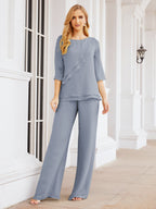 Sunnderly Elegant 2 Piece Mother of The Bride Dress Plus Size Pant Suits Ruffle Layers Sliver Housecoat SY28064