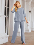 Sunnderly Elegant 2 Piece Mother of The Bride Dress Plus Size Pant Suits Ruffle Layers Sliver Housecoat SY28064