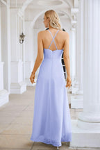 Ladies Chiffon Spaghetti Strap V Neck Front Slit Floor Length Bridesmaid Evening Dress Prom Party Wedding Evening Dress 28116