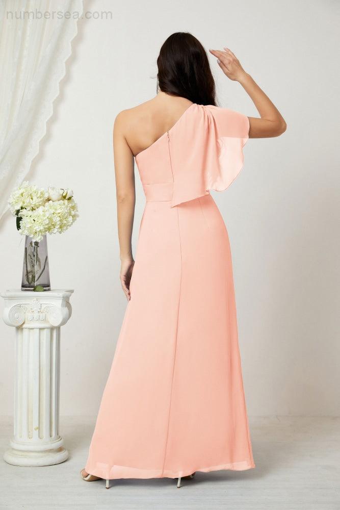 Numbersea  Chiffon Ruffled One Shoulder Long Bridesmaid Dresses A-line Formal Evening Gown Side Split 2809