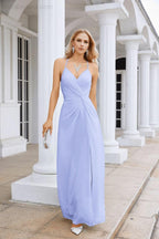 Ladies Chiffon Spaghetti Strap V Neck Front Slit Floor Length Bridesmaid Evening Dress Prom Party Wedding Evening Dress 28116