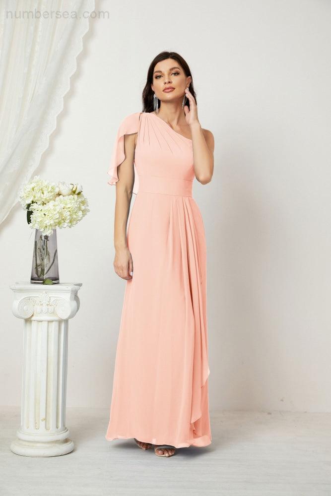 Numbersea  Chiffon Ruffled One Shoulder Long Bridesmaid Dresses A-line Formal Evening Gown Side Split 2809
